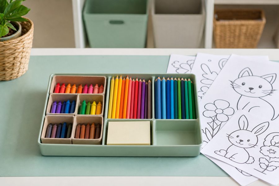 Imagine de prezentare pentru O tavă cu materiale pregătită pentru colorat