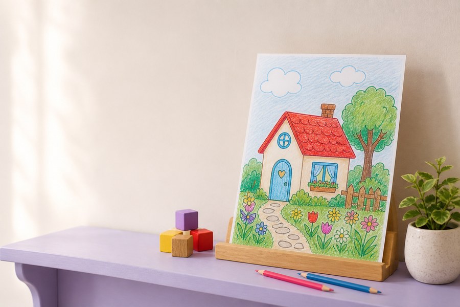 Dibujos de casas para colorear e imprimir Dibujo coloreado de una casa de cuento con flores, árbol y camino sobre una repisa lavanda
